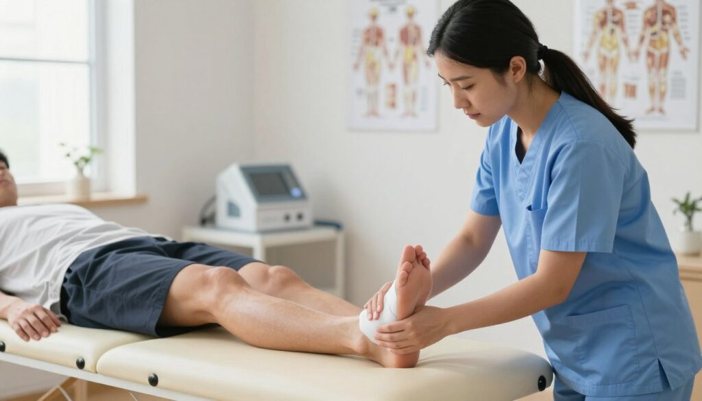 A physical therapist demonstrating the RICE method (Rest, Ice, Compression, Elevation) for a sprained ankle in a clinical setting. In the foreground, a caring therapist, dressed in professional attire, is gently applying ice to the swollen ankle of a patient resting on an examination table. The middle ground features a well-lit treatment room, with anatomical charts on the walls and medical equipment in the background. Soft, natural light filters through a window, casting a serene atmosphere. The overall mood is supportive and educational, emphasizing the importance of proper first aid for sprains. The scene captures both the empathy of the therapist and the focus on the injured ankle, highlighting the principles of RICE in action. A physical therapist demonstrating the RICE method (Rest, Ice, Compression, Elevation) for a sprained ankle in a clinical setting. In the foreground, a caring therapist, dressed in professional attire, is gently applying ice to the swollen ankle of a patient resting on an examination table. The middle ground features a well-lit treatment room, with anatomical charts on the walls and medical equipment in the background. Soft, natural light filters through a window, casting a serene atmosphere. The overall mood is supportive and educational, emphasizing the importance of proper first aid for sprains. The scene captures both the empathy of the therapist and the focus on the injured ankle, highlighting the principles of RICE in action.