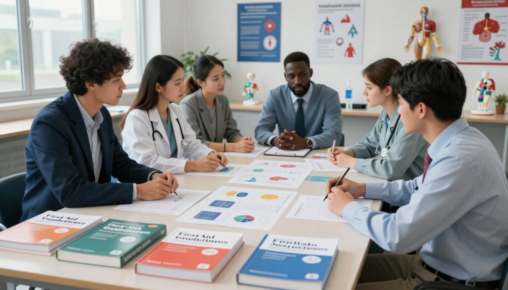A professional and well-organized study setting, emphasizing scientific facts and WHO recommendations regarding qualified first aid books. In the foreground, neatly arranged medical reference books with titles visible but without text, indicating topics like "First Aid Guidelines" and "Emergency Response." The middle ground features a diverse group of individuals, dressed in professional attire, collaborating around a table filled with charts and diagrams that visually summarize key scientific data. The background shows a well-lit, modern classroom with anatomical models and posters of emergency procedures on the walls. Soft, natural lighting filters through large windows, creating an inviting and focused atmosphere, ideal for learning. The overall mood is one of professionalism, cooperation, and a commitment to evidence-based practice in first aid education. A professional and well-organized study setting, emphasizing scientific facts and WHO recommendations regarding qualified first aid books. In the foreground, neatly arranged medical reference books with titles visible but without text, indicating topics like "First Aid Guidelines" and "Emergency Response." The middle ground features a diverse group of individuals, dressed in professional attire, collaborating around a table filled with charts and diagrams that visually summarize key scientific data. The background shows a well-lit, modern classroom with anatomical models and posters of emergency procedures on the walls. Soft, natural lighting filters through large windows, creating an inviting and focused atmosphere, ideal for learning. The overall mood is one of professionalism, cooperation, and a commitment to evidence-based practice in first aid education.