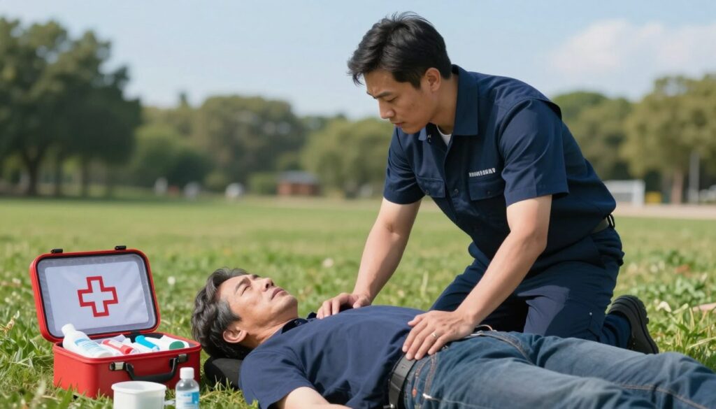 A professional first aid responder, dressed in a smart and modest uniform, is kneeling beside an injured person on a grassy field. The injured individual, a middle-aged adult, is lying on the ground with a concerned expression, as the responder carefully assesses their condition. In the foreground, the responder’s focused face captures a sense of urgency and professionalism. The middle ground features a bright first aid kit open, with various medical supplies neatly arranged. The background includes a blurred view of trees and a clear blue sky, conveying a calm atmosphere. Soft, natural lighting enhances the scene, giving it an uplifting tone while emphasizing safety and care in a moment of crisis. A professional first aid responder, dressed in a smart and modest uniform, is kneeling beside an injured person on a grassy field. The injured individual, a middle-aged adult, is lying on the ground with a concerned expression, as the responder carefully assesses their condition. In the foreground, the responder’s focused face captures a sense of urgency and professionalism. The middle ground features a bright first aid kit open, with various medical supplies neatly arranged. The background includes a blurred view of trees and a clear blue sky, conveying a calm atmosphere. Soft, natural lighting enhances the scene, giving it an uplifting tone while emphasizing safety and care in a moment of crisis.