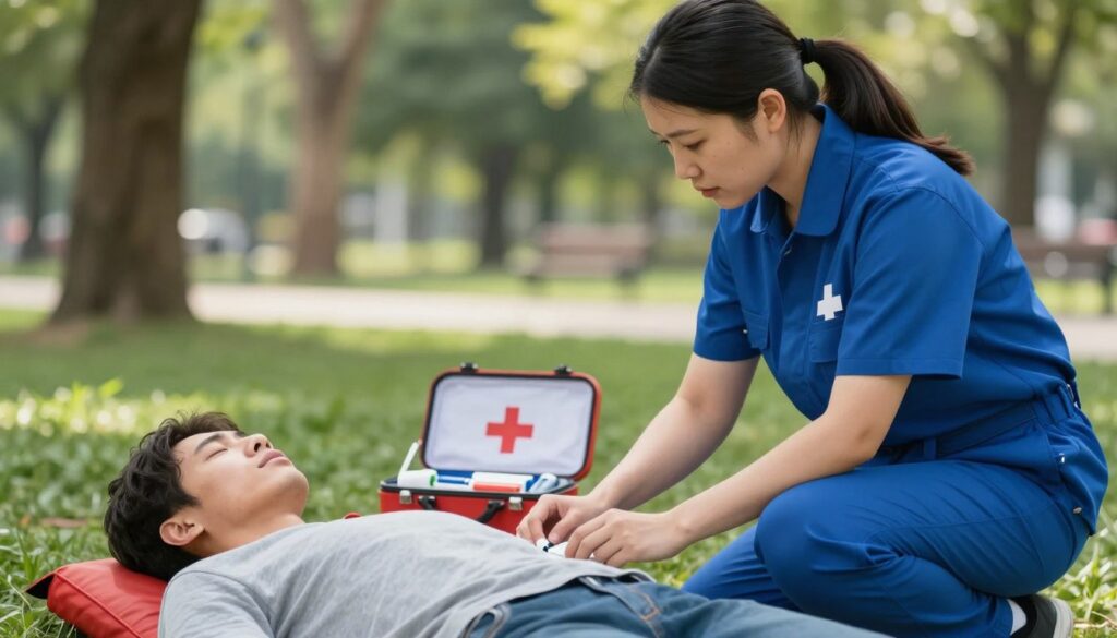A professional first aid scenario illustrating the assessment of safety and the state of an injured person. In the foreground, a first aid responder, dressed in a blue uniform, kneels beside a patient who appears unconscious but stable, checking their vitals. The responder's facial expression shows focus and concern. In the middle ground, a small first aid kit is open, with medical instruments clearly visible. The background features a park setting with soft natural lighting filtering through the trees, adding a calm yet serious atmosphere. The scene is captured with a shallow depth of field, emphasizing the responder and the patient, while providing a slightly blurred view of the serene surroundings for clarity. A professional first aid scenario illustrating the assessment of safety and the state of an injured person. In the foreground, a first aid responder, dressed in a blue uniform, kneels beside a patient who appears unconscious but stable, checking their vitals. The responder's facial expression shows focus and concern. In the middle ground, a small first aid kit is open, with medical instruments clearly visible. The background features a park setting with soft natural lighting filtering through the trees, adding a calm yet serious atmosphere. The scene is captured with a shallow depth of field, emphasizing the responder and the patient, while providing a slightly blurred view of the serene surroundings for clarity.