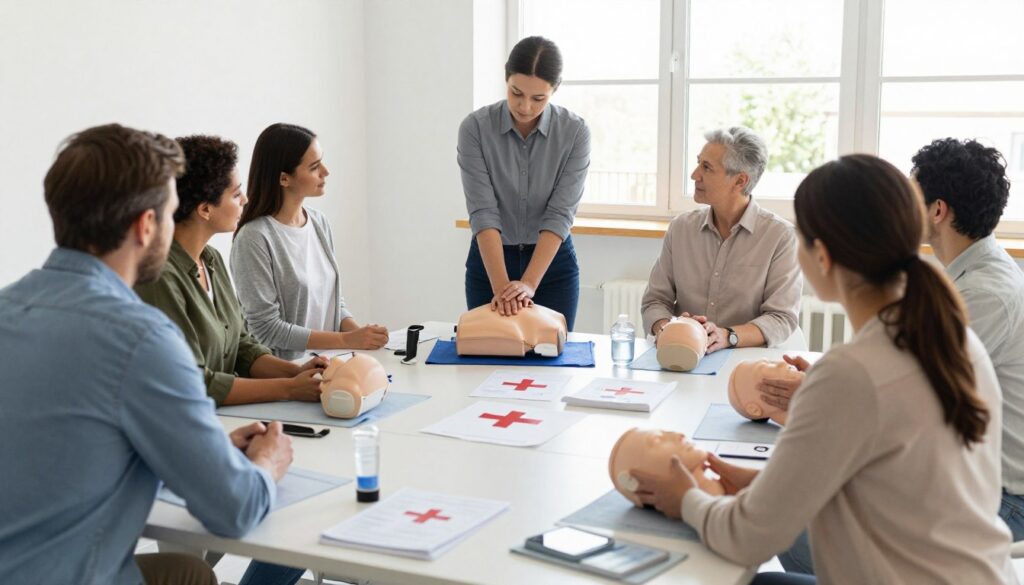 A professional first aid training session in a bright, well-lit classroom. In the foreground, a diverse group of adult participants, dressed in modest business casual attire, practice CPR on a training mannequin. The middle ground features an experienced instructor, demonstrating proper techniques with a clear and engaging manner. Various first aid supplies and instructional materials are neatly arranged on a table, providing context for the training. The background reveals large windows allowing natural light to flood the room, enhancing the warm and inviting atmosphere. The angle captures both the participants and the instructor in action, emphasizing collaboration and learning. Overall, the image depicts a focused, educational environment that embodies the spirit of professional first aid training. A professional first aid training session in a bright, well-lit classroom. In the foreground, a diverse group of adult participants, dressed in modest business casual attire, practice CPR on a training mannequin. The middle ground features an experienced instructor, demonstrating proper techniques with a clear and engaging manner. Various first aid supplies and instructional materials are neatly arranged on a table, providing context for the training. The background reveals large windows allowing natural light to flood the room, enhancing the warm and inviting atmosphere. The angle captures both the participants and the instructor in action, emphasizing collaboration and learning. Overall, the image depicts a focused, educational environment that embodies the spirit of professional first aid training.