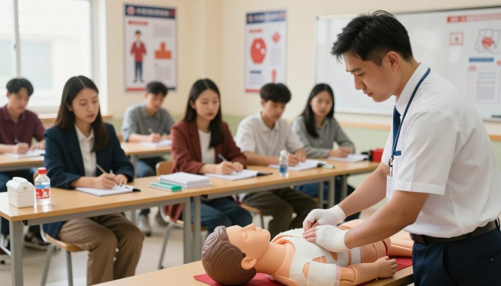 A professional first aid training session, showcasing an instructor demonstrating advanced life-saving techniques to a group of attentive participants. In the foreground, a male instructor in a professional outfit is applying a bandage to a mannequin, demonstrating proper technique. In the middle ground, engaged students observe attentively, wearing smart casual attire, taking notes and practicing skills on mannequins. The background features a well-lit classroom with educational posters about emergency medicine on the walls and first aid supplies neatly arranged on a table. The scene is captured in a warm, inviting atmosphere, with soft, natural lighting coming from large windows, emphasizing the importance and seriousness of qualified first aid training. A professional first aid training session, showcasing an instructor demonstrating advanced life-saving techniques to a group of attentive participants. In the foreground, a male instructor in a professional outfit is applying a bandage to a mannequin, demonstrating proper technique. In the middle ground, engaged students observe attentively, wearing smart casual attire, taking notes and practicing skills on mannequins. The background features a well-lit classroom with educational posters about emergency medicine on the walls and first aid supplies neatly arranged on a table. The scene is captured in a warm, inviting atmosphere, with soft, natural lighting coming from large windows, emphasizing the importance and seriousness of qualified first aid training.