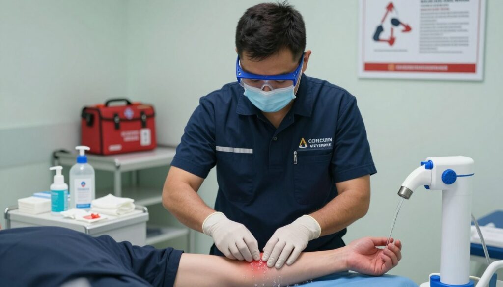 A professional first responder in a modern emergency care outfit is demonstrating safe treatment for chemical burns. In the foreground, the rescuer is positioned centrally, wearing gloves and safety goggles, attentively treating a simulated burn on a patient’s arm with a gentle water flow from a portable rinse station. The middle ground shows medical supplies organized neatly, like sterile dressings and antiseptic solutions. In the background, a clinical setting with an emergency response kit and a clear safety poster about burn care can be seen, emphasizing the importance of safety and preparedness. Soft, even lighting highlights the focused expressions on both the rescuer and the patient, creating a serious yet supportive atmosphere that conveys professionalism and care in emergency situations.