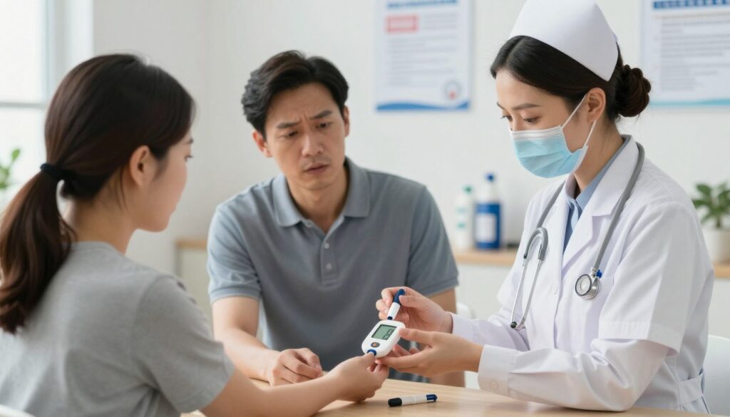 A professional healthcare setting illustrating diabetes first aid. In the foreground, a well-dressed nurse demonstrates the correct way to check a patient's blood sugar level using a glucose meter, showing clear concentration. In the middle, a concerned patient, appearing stable but anxious, observes the nurse attentively. The background features medical tools and informational posters on diabetes management. Soft, natural lighting enhances the serious yet supportive atmosphere. The scene is captured with a slight depth of field, focusing on the interaction between the nurse and the patient, conveying a sense of urgency and care. Overall, the image should evoke feelings of reassurance and the importance of proper response to diabetes emergencies. A professional healthcare setting illustrating diabetes first aid. In the foreground, a well-dressed nurse demonstrates the correct way to check a patient's blood sugar level using a glucose meter, showing clear concentration. In the middle, a concerned patient, appearing stable but anxious, observes the nurse attentively. The background features medical tools and informational posters on diabetes management. Soft, natural lighting enhances the serious yet supportive atmosphere. The scene is captured with a slight depth of field, focusing on the interaction between the nurse and the patient, conveying a sense of urgency and care. Overall, the image should evoke feelings of reassurance and the importance of proper response to diabetes emergencies.