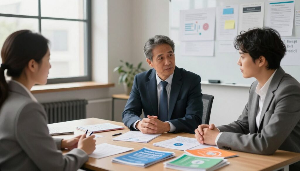 A professional-looking office setting, featuring a diverse group of three individuals in business attire engaged in a collaborative discussion about psychological first aid. The foreground includes a table strewn with colorful pamphlets and brochures on mental health, symbolizing the role of information in restoring a sense of control. In the middle ground, a calm and supportive atmosphere is created, with soft, natural lighting filtering through a large window, casting gentle shadows. The background shows a whiteboard filled with charts and notes, emphasizing an educational tone. The overall mood is one of reassurance and empowerment, highlighting the importance of accessible information in difficult times. A professional-looking office setting, featuring a diverse group of three individuals in business attire engaged in a collaborative discussion about psychological first aid. The foreground includes a table strewn with colorful pamphlets and brochures on mental health, symbolizing the role of information in restoring a sense of control. In the middle ground, a calm and supportive atmosphere is created, with soft, natural lighting filtering through a large window, casting gentle shadows. The background shows a whiteboard filled with charts and notes, emphasizing an educational tone. The overall mood is one of reassurance and empowerment, highlighting the importance of accessible information in difficult times.