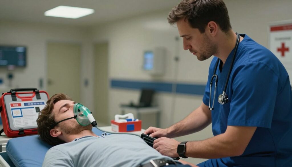 A professional scene depicting first aid for a stroke, focused on a person displaying stroke symptoms—such as facial drooping—while being attended to by a paramedic in a professional medical uniform. The foreground showcases the paramedic calmly assessing the patient's condition, using simple tools like a blood pressure cuff. In the middle, there are essential first aid equipment, including an oxygen mask and a portable medical kit. The background features a dimly lit indoor space resembling an emergency room, with soft overhead lighting highlighting the urgency of the situation. The atmosphere is tense yet hopeful, emphasizing the importance of quick response and support for the victim. The image should be realistic and devoid of captions or text overlays, creating an informative visual focused on medical assistance. A professional scene depicting first aid for a stroke, focused on a person displaying stroke symptoms—such as facial drooping—while being attended to by a paramedic in a professional medical uniform. The foreground showcases the paramedic calmly assessing the patient's condition, using simple tools like a blood pressure cuff. In the middle, there are essential first aid equipment, including an oxygen mask and a portable medical kit. The background features a dimly lit indoor space resembling an emergency room, with soft overhead lighting highlighting the urgency of the situation. The atmosphere is tense yet hopeful, emphasizing the importance of quick response and support for the victim. The image should be realistic and devoid of captions or text overlays, creating an informative visual focused on medical assistance.