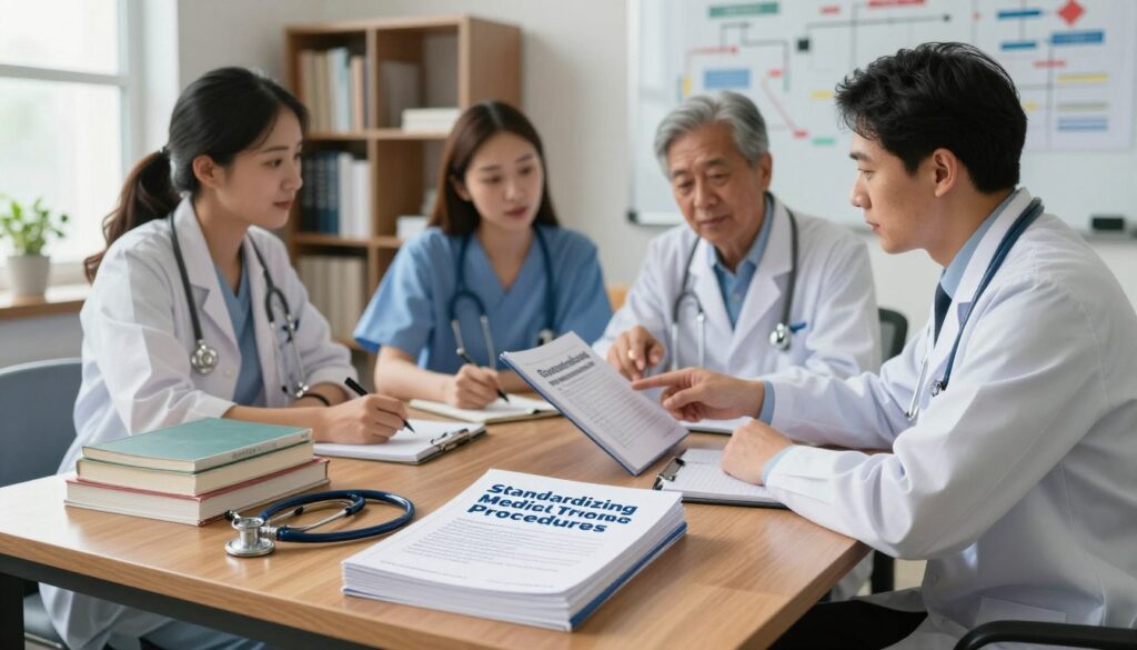 A professional setting depicting a medical handbook titled "Standardizing Medical Procedures" prominently displayed on a sleek wooden desk. Foreground features a well-organized stack of textbooks, including the medical handbook, alongside a stethoscope and a notepad with a pen. In the middle ground, a group of four individuals in professional attire (two women and two men) are engaged in a collaborative discussion, pointing at the handbook while taking notes. The background shows a well-lit medical office with a bookshelf filled with medical literature and a whiteboard displaying flowcharts of medical procedures. Soft, natural lighting filters in through a window, creating a calm and focused atmosphere that embodies the seriousness of medical education and the importance of standardized procedures. The image should evoke a sense of professionalism and collaboration in the medical field. A professional setting depicting a medical handbook titled "Standardizing Medical Procedures" prominently displayed on a sleek wooden desk. Foreground features a well-organized stack of textbooks, including the medical handbook, alongside a stethoscope and a notepad with a pen. In the middle ground, a group of four individuals in professional attire (two women and two men) are engaged in a collaborative discussion, pointing at the handbook while taking notes. The background shows a well-lit medical office with a bookshelf filled with medical literature and a whiteboard displaying flowcharts of medical procedures. Soft, natural lighting filters in through a window, creating a calm and focused atmosphere that embodies the seriousness of medical education and the importance of standardized procedures. The image should evoke a sense of professionalism and collaboration in the medical field.