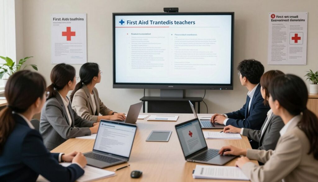 A professional setting illustrating the legal framework of first aid training for teachers. In the foreground, a diverse group of teachers in professional business attire attentively engaged in a virtual training session on first aid. Their laptops and training materials are displayed prominently. The middle ground features a digital presentation on a large screen, showcasing official documents and guidelines related to first aid regulations. In the background, a well-lit classroom environment with educational posters highlighting first aid techniques. The scene captures an atmosphere of learning and collaboration, with a warm, inviting light source creating a sense of focus and professionalism. The angle is slightly elevated, giving an overview of the engaged teachers and their learning environment.