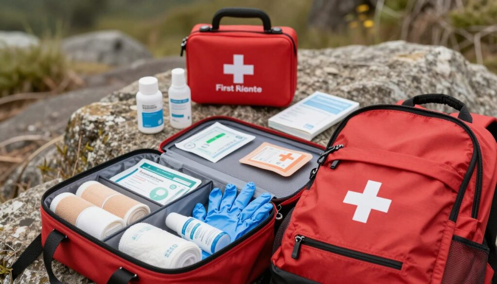 A professional setting showcasing a well-organized first aid kit with various medical supplies. In the foreground, a vibrant, neatly arranged backpack first aid kit with visible compartments holding bandages, antiseptics, gloves, and emergency blankets. The middle layer features a selection of both a ready-made first aid kit and individual medical supplies scattered to illustrate the comparison between them. The background includes a soft-focus outdoor setting, hinting at a hiking trail or nature scene, which enhances the feeling of adventure. Soft, natural lighting casts gentle shadows, creating a calm yet informative atmosphere. The scene is captured from a slightly elevated angle to provide a clear view of the contents, emphasizing the importance of preparedness in outdoor activities.