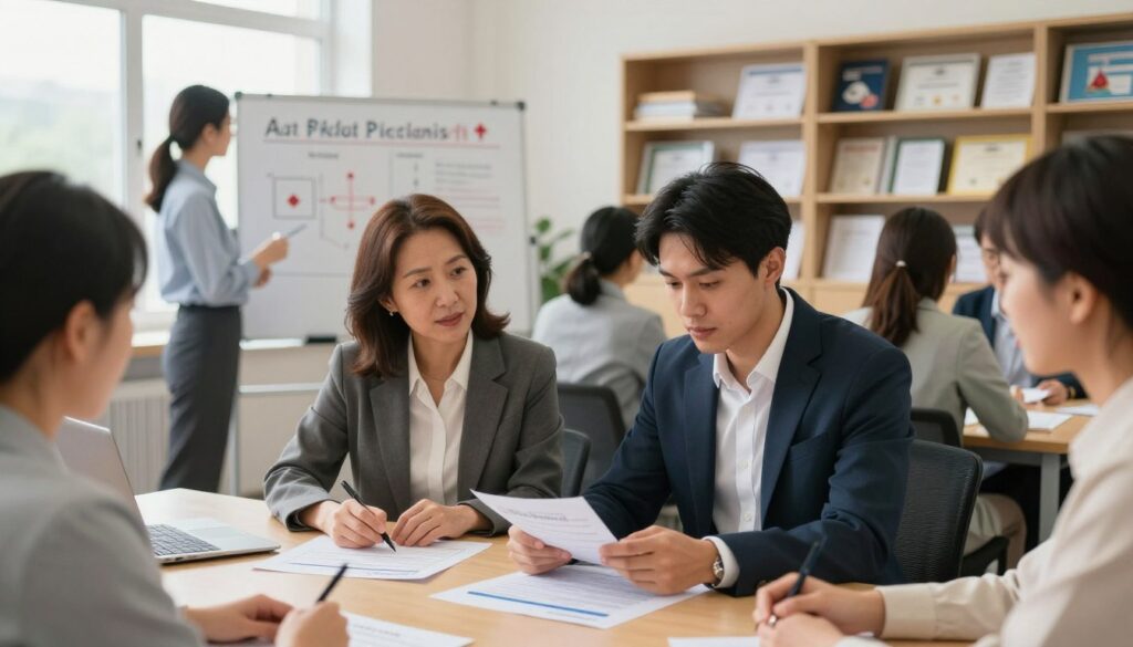 A professional training environment featuring a diverse group of instructors engaged in a collaborative discussion about their qualifications and experiences. In the foreground, a middle-aged woman and a young man, both dressed in smart business attire, are reviewing training materials on a table. The middle ground showcases an open space with a whiteboard displaying diagrams and information related to first aid training. In the background, shelves filled with educational resources and certificates adorn a well-lit room, creating a warm and inviting atmosphere. Soft, natural light filters through large windows, enhancing the sense of professionalism and expertise. The mood is focused and engaging, reflecting a commitment to high-quality training standards.