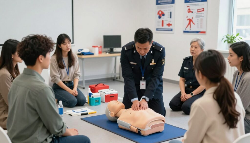 A professional training environment showcasing a first aid course, focusing on both private individuals and uniformed services. In the foreground, a diverse group of participants, dressed in smart casual and professional attire, attentively follows an instructor demonstrating CPR techniques on a mannequin. The middle ground features various first aid supplies and equipment neatly arranged on a table, emphasizing practical learning. The background depicts a well-lit, modern training room equipped with posters illustrating life-saving procedures. Soft, natural lighting enhances the atmosphere of focus and engagement, while the camera angle captures the interaction between the instructor and the participants, creating a feeling of collaboration and urgency in emergency training. A professional training environment showcasing a first aid course, focusing on both private individuals and uniformed services. In the foreground, a diverse group of participants, dressed in smart casual and professional attire, attentively follows an instructor demonstrating CPR techniques on a mannequin. The middle ground features various first aid supplies and equipment neatly arranged on a table, emphasizing practical learning. The background depicts a well-lit, modern training room equipped with posters illustrating life-saving procedures. Soft, natural lighting enhances the atmosphere of focus and engagement, while the camera angle captures the interaction between the instructor and the participants, creating a feeling of collaboration and urgency in emergency training.