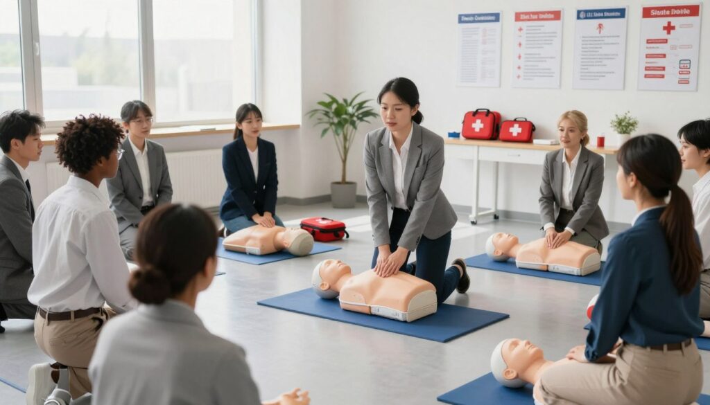 A professional workplace scene depicting an employer's responsibility in first aid training. In the foreground, a diverse group of employees in smart business attire is actively engaged in a first aid training session, learning CPR techniques from a certified instructor. The middle ground features a well-equipped training space with first aid kits, mannequins, and safety posters on the wall, providing a sense of organization and care. The background shows windows with soft, natural light streaming in, creating a bright and encouraging atmosphere. The focus is on teamwork and learning, conveying a sense of commitment to employee safety and well-being. The composition is balanced and inviting, emphasizing the importance of workplace safety and training. A professional workplace scene depicting an employer's responsibility in first aid training. In the foreground, a diverse group of employees in smart business attire is actively engaged in a first aid training session, learning CPR techniques from a certified instructor. The middle ground features a well-equipped training space with first aid kits, mannequins, and safety posters on the wall, providing a sense of organization and care. The background shows windows with soft, natural light streaming in, creating a bright and encouraging atmosphere. The focus is on teamwork and learning, conveying a sense of commitment to employee safety and well-being. The composition is balanced and inviting, emphasizing the importance of workplace safety and training.