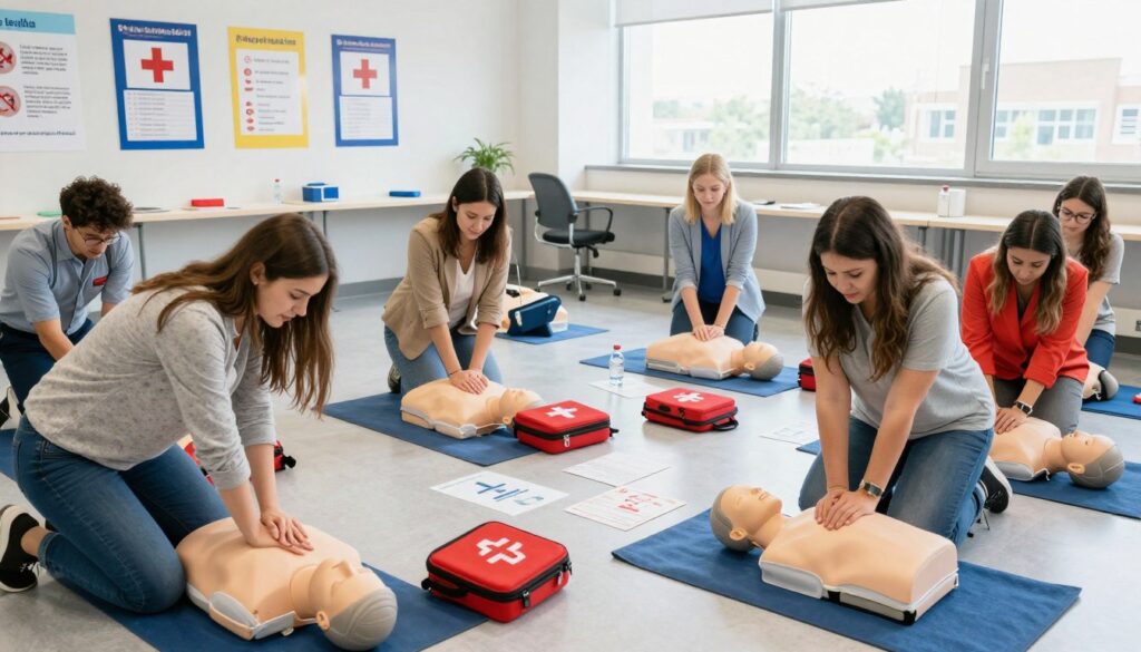 A professional workshop scene focused on first aid training for educators. In the foreground, a diverse group of teachers in smart casual attire actively participating in a hands-on first aid exercise, practicing CPR on mannequins. In the middle, a well-organized training setup with first aid kits, instructional materials, and demonstration equipment. The background features a bright, modern classroom setting with educational posters related to first aid and safety. Soft, natural lighting streaming through large windows creates a welcoming atmosphere. The angle captures both the engagement of the participants and the informative nature of the environment, emphasizing the importance of regular first aid training for teachers.