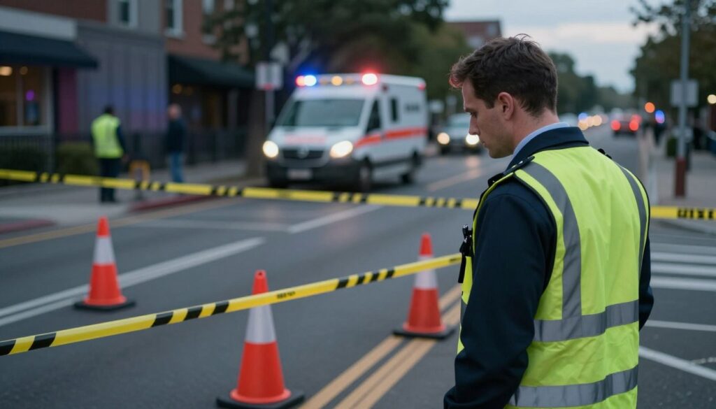 A safety officer assessing a scene of an incident, wearing professional business attire, is in the foreground, intently evaluating the area for hazards. In the middle ground, there are emergency cones and caution tape marking a safe perimeter around the incident site. The background features a blurred view of a city street, with an ambulance parked nearby and emergency lights casting a soft glow, creating a sense of urgency. The lighting is a mix of natural daylight dimmed by cloud cover, creating a serious and somber mood, while the angle is slightly elevated, providing a comprehensive view of the assessment being conducted. The overall atmosphere conveys the importance of safety and the careful evaluation of the scene. A safety officer assessing a scene of an incident, wearing professional business attire, is in the foreground, intently evaluating the area for hazards. In the middle ground, there are emergency cones and caution tape marking a safe perimeter around the incident site. The background features a blurred view of a city street, with an ambulance parked nearby and emergency lights casting a soft glow, creating a sense of urgency. The lighting is a mix of natural daylight dimmed by cloud cover, creating a serious and somber mood, while the angle is slightly elevated, providing a comprehensive view of the assessment being conducted. The overall atmosphere conveys the importance of safety and the careful evaluation of the scene.