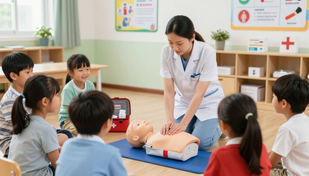 A scene depicting a first aid training program for children, showcasing a group of diverse children engaged in learning essential life-saving skills. In the foreground, a knowledgeable instructor, wearing a professional outfit, demonstrates CPR techniques on a pediatric mannequin, while attentive children practice nearby. The middle ground features a first aid kit open with various medical supplies, and colorful posters outlining emergency procedures on the walls. In the background, a well-lit classroom setting enhances a sense of safety and attentiveness. The atmosphere is playful yet serious, encouraging focus on learning critical skills. Soft, natural lighting creates a warm, inviting ambiance, capturing the importance of teaching first aid to young minds.