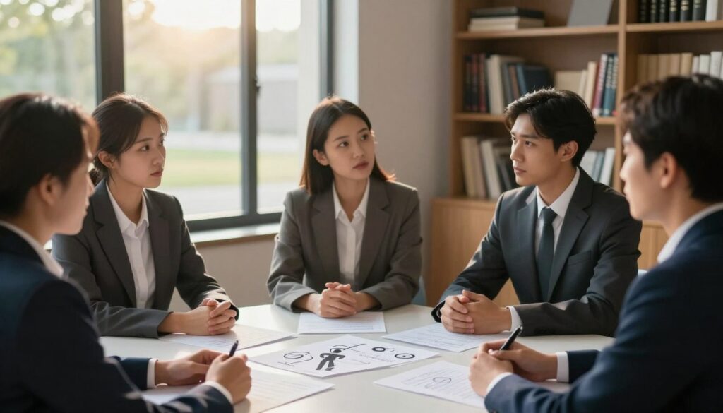 A serene and contemplative scene depicting the psychological aspects of self-defense and threat avoidance. In the foreground, a diverse group of individuals, dressed in professional business attire, engage in a thoughtful discussion about personal safety strategies. They sit around a round table, papers and diagrams of non-violent self-defense techniques scattered before them. In the middle ground, a window shows a peaceful outdoor environment with soft sunlight filtering through, symbolizing calmness and clarity. The background features a bookshelf filled with psychology books and self-help resources, hinting at the mental aspects of safety. The mood is focused and collaborative, with warm lighting that creates an inspiring atmosphere. Use a medium depth of field to highlight the foreground conversation while gently blurring the background, enhancing the sense of engagement and reflection. A serene and contemplative scene depicting the psychological aspects of self-defense and threat avoidance. In the foreground, a diverse group of individuals, dressed in professional business attire, engage in a thoughtful discussion about personal safety strategies. They sit around a round table, papers and diagrams of non-violent self-defense techniques scattered before them. In the middle ground, a window shows a peaceful outdoor environment with soft sunlight filtering through, symbolizing calmness and clarity. The background features a bookshelf filled with psychology books and self-help resources, hinting at the mental aspects of safety. The mood is focused and collaborative, with warm lighting that creates an inspiring atmosphere. Use a medium depth of field to highlight the foreground conversation while gently blurring the background, enhancing the sense of engagement and reflection.