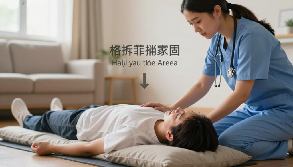 A serene and informative scene illustrating emergency first aid for epilepsy in a safe space. In the foreground, a composed healthcare professional, dressed in scrubs, assists a patient experiencing a seizure who is lying safely on the ground, surrounded by soft cushions. The patient's face shows distress while a calm demeanor from the caregiver highlights the importance of proper support. In the middle, clear instructions about securing the area and not restraining the person are subtly indicated through visual cues like arrows pointing away from potential hazards. The background features a warm, well-lit room with soft, diffused lighting, creating a reassuring atmosphere. The perspective captures the moment with a slight upward angle, emphasizing the compassion and care depicted in the scene, evoking a sense of safety and professionalism. A serene and informative scene illustrating emergency first aid for epilepsy in a safe space. In the foreground, a composed healthcare professional, dressed in scrubs, assists a patient experiencing a seizure who is lying safely on the ground, surrounded by soft cushions. The patient's face shows distress while a calm demeanor from the caregiver highlights the importance of proper support. In the middle, clear instructions about securing the area and not restraining the person are subtly indicated through visual cues like arrows pointing away from potential hazards. The background features a warm, well-lit room with soft, diffused lighting, creating a reassuring atmosphere. The perspective captures the moment with a slight upward angle, emphasizing the compassion and care depicted in the scene, evoking a sense of safety and professionalism.