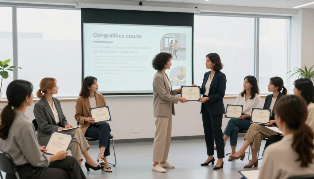 A serene and professional scene depicting women in a modern training room setting, engaged in a post-course certification session. In the foreground, a diverse group of women of various ethnicities, dressed in smart casual attire, are receiving certificates from an instructor, who is also a woman, radiating confidence and support. The middle ground features a large presentation screen displaying congratulatory graphics and images related to self-defense techniques. In the background, soft natural light filters through large windows, creating an uplifting and encouraging atmosphere. The overall mood is one of empowerment and community, showcasing the importance of certification and support after completing the self-defense course. A serene and professional scene depicting women in a modern training room setting, engaged in a post-course certification session. In the foreground, a diverse group of women of various ethnicities, dressed in smart casual attire, are receiving certificates from an instructor, who is also a woman, radiating confidence and support. The middle ground features a large presentation screen displaying congratulatory graphics and images related to self-defense techniques. In the background, soft natural light filters through large windows, creating an uplifting and encouraging atmosphere. The overall mood is one of empowerment and community, showcasing the importance of certification and support after completing the self-defense course.
