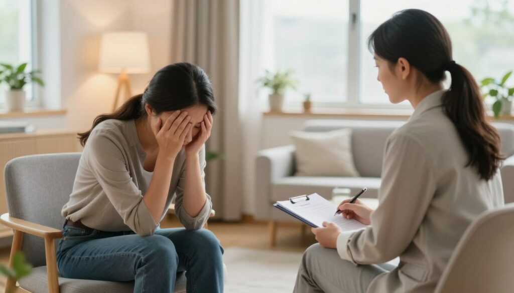 A serene and supportive scene depicting the fundamental principles of psychological first aid. In the foreground, a compassionate therapist, dressed in professional business attire, listens attentively to a distressed individual seated on a comfortable chair. The middle ground shows a warm, inviting room with soft lighting, plants, and calming decor to create a tranquil atmosphere. The background features a large window allowing natural light to filter in, enhancing the sense of comfort. The focus is on the empathetic interaction between the therapist and the individual, conveying a sense of safety and understanding. The overall mood is supportive and nurturing, emphasizing the critical elements of psychological first aid in a visually engaging way. A serene and supportive scene depicting the fundamental principles of psychological first aid. In the foreground, a compassionate therapist, dressed in professional business attire, listens attentively to a distressed individual seated on a comfortable chair. The middle ground shows a warm, inviting room with soft lighting, plants, and calming decor to create a tranquil atmosphere. The background features a large window allowing natural light to filter in, enhancing the sense of comfort. The focus is on the empathetic interaction between the therapist and the individual, conveying a sense of safety and understanding. The overall mood is supportive and nurturing, emphasizing the critical elements of psychological first aid in a visually engaging way.