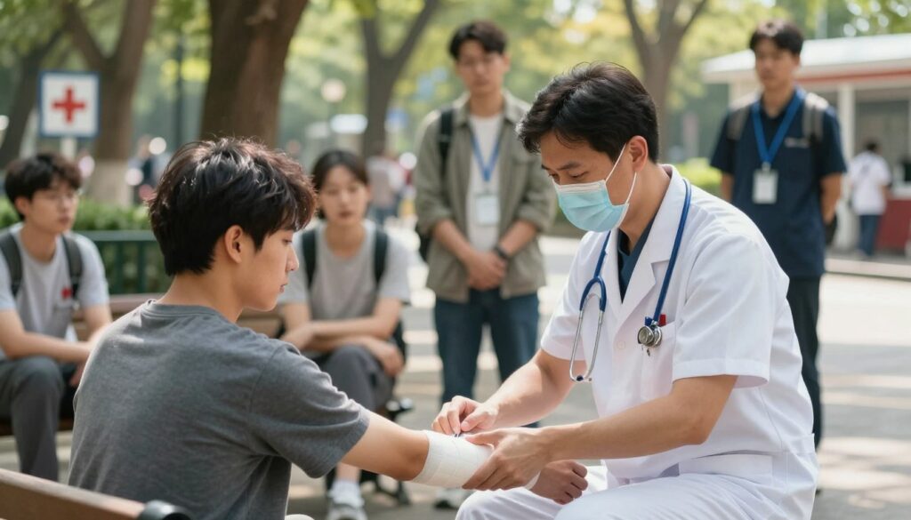 A serene but focused scene depicting a professional first aid provider administering help to an injured person in a public space. In the foreground, a well-dressed individual in a medical uniform is applying bandages to a person's arm, both displaying expressions of calm determination. The middle ground features onlookers maintaining a safe distance, showcasing expressions of concern yet respect for the process. The background includes a blurred park setting with trees and a first aid station sign, enhancing the atmosphere of a communal space. Soft, natural lighting filters through the treetops, casting gentle shadows, while the scene captures a sense of responsibility and legal obligation in providing care. The angle is slightly elevated to provide an overview of the interaction, ensuring an emphasis on compassion and professionalism. A serene but focused scene depicting a professional first aid provider administering help to an injured person in a public space. In the foreground, a well-dressed individual in a medical uniform is applying bandages to a person's arm, both displaying expressions of calm determination. The middle ground features onlookers maintaining a safe distance, showcasing expressions of concern yet respect for the process. The background includes a blurred park setting with trees and a first aid station sign, enhancing the atmosphere of a communal space. Soft, natural lighting filters through the treetops, casting gentle shadows, while the scene captures a sense of responsibility and legal obligation in providing care. The angle is slightly elevated to provide an overview of the interaction, ensuring an emphasis on compassion and professionalism.