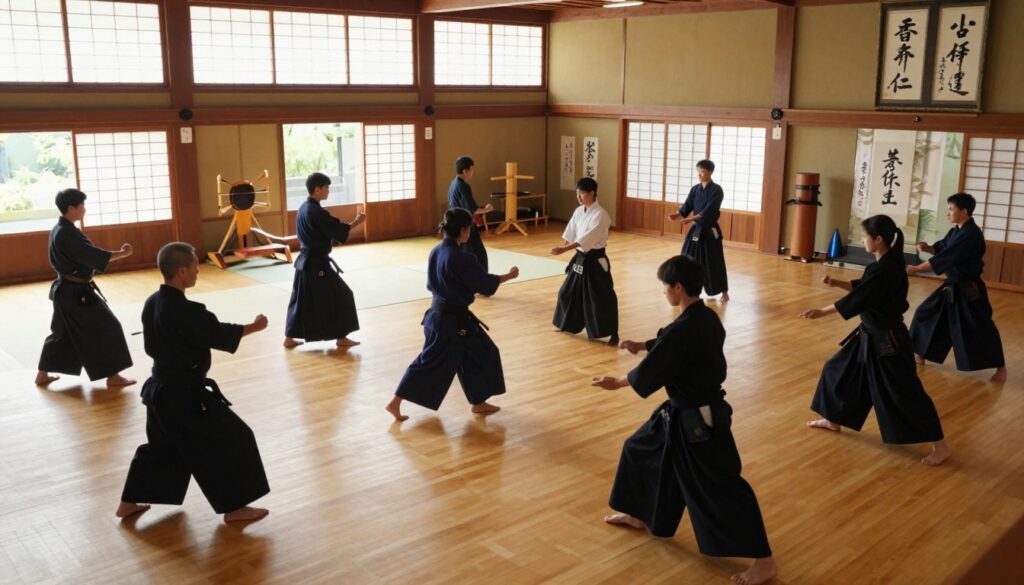 A serene dojo setting with polished wooden floors and paper sliding doors, bathed in soft, natural light filtering through shoji screens. In the foreground, a diverse group of practitioners in traditional martial arts attire — black belts and colored gi — are engaged in various self-defense techniques, demonstrating fluid movements and disciplined postures. The middle ground features training equipment like mats and wooden dummies, emphasizing the active and focused atmosphere of training. In the background, the dojo walls are adorned with calligraphy and traditional artwork related to martial arts philosophy. The overall mood is one of concentration, respect, and harmony, encapsulating the spirit of Japanese self-defense training. Use a slightly elevated perspective to capture the dynamic interactions and serene environment effectively.