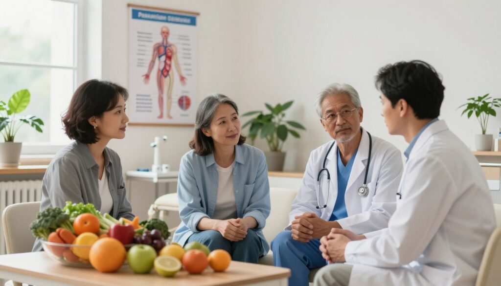 A serene healthcare setting focused on stroke prevention and cardiovascular health. In the foreground, a diverse group of three individuals in professional attire, engaged in a discussion about healthy lifestyle choices. They are surrounded by visual aids such as fruits, vegetables, and exercise equipment that symbolize a healthy lifestyle. The middle ground features an informational poster depicting the human circulatory system and tips for stroke prevention, effectively blending education and health. The background is a bright, inviting medical office with plants and natural light streaming through large windows, creating a calm and hopeful atmosphere. The composition should have a warm color palette, with soft, ambient lighting that enhances the sense of care and professionalism, reflecting a proactive approach to health. A serene healthcare setting focused on stroke prevention and cardiovascular health. In the foreground, a diverse group of three individuals in professional attire, engaged in a discussion about healthy lifestyle choices. They are surrounded by visual aids such as fruits, vegetables, and exercise equipment that symbolize a healthy lifestyle. The middle ground features an informational poster depicting the human circulatory system and tips for stroke prevention, effectively blending education and health. The background is a bright, inviting medical office with plants and natural light streaming through large windows, creating a calm and hopeful atmosphere. The composition should have a warm color palette, with soft, ambient lighting that enhances the sense of care and professionalism, reflecting a proactive approach to health.