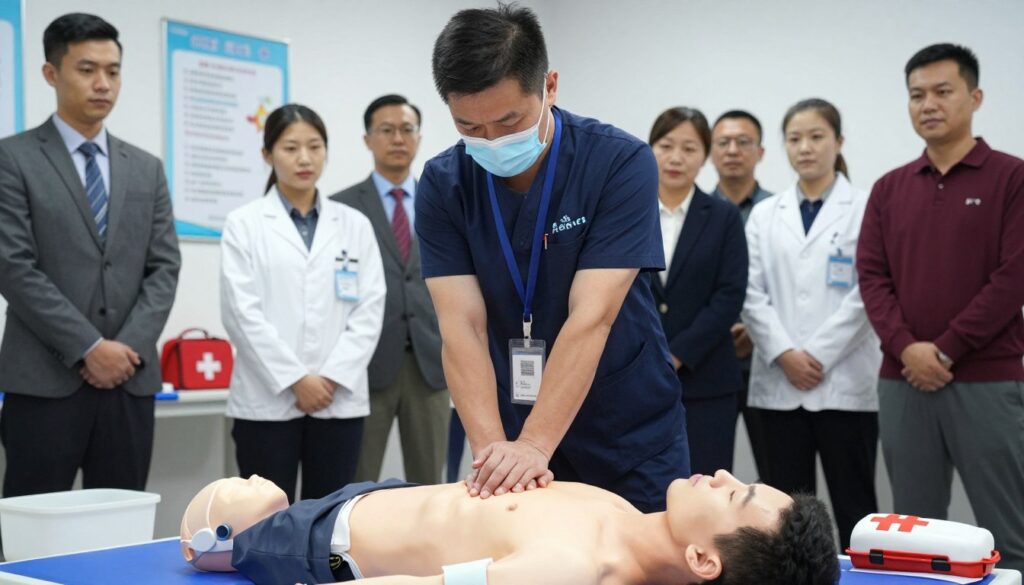 A skilled professional demonstrating chest compressions during CPR on a manikin in a well-lit training environment. The foreground features a close-up of the hands pressing down on the manikin's chest, showing the technique's precision. In the middle ground, a diverse group of individuals in professional attire are attentively observing the demonstration, showcasing a range of expressions from concentration to determination. The background includes a medical training room with instructional posters on the walls and first aid kits visible. The lighting is bright but soft, creating a focused yet calm atmosphere, emphasizing the importance of the training. The angle captures both the action of the CPR technique and the engagement of the audience, highlighting the urgency and necessity of lifesaving skills. A skilled professional demonstrating chest compressions during CPR on a manikin in a well-lit training environment. The foreground features a close-up of the hands pressing down on the manikin's chest, showing the technique's precision. In the middle ground, a diverse group of individuals in professional attire are attentively observing the demonstration, showcasing a range of expressions from concentration to determination. The background includes a medical training room with instructional posters on the walls and first aid kits visible. The lighting is bright but soft, creating a focused yet calm atmosphere, emphasizing the importance of the training. The angle captures both the action of the CPR technique and the engagement of the audience, highlighting the urgency and necessity of lifesaving skills.