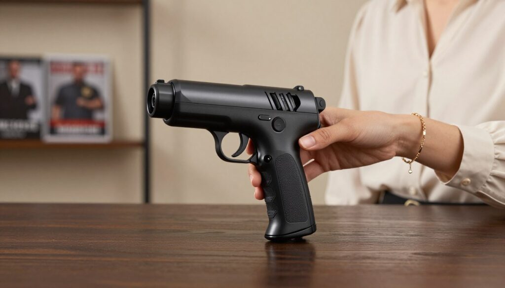 A sleek, modern electric stun gun displayed prominently in the foreground on a dark wooden table, glistening under soft, ambient lighting. The stun gun features a textured grip and an illuminated button, emphasizing its functionality. In the middle ground, a hand reaches towards the stun gun, adorned with a stylish bracelet, wearing a simple yet elegant blouse. This hints at its accessibility for women. The background is softly blurred, showcasing a cozy, well-lit room with neutral-toned walls and some self-defense manuals on a shelf, creating an informative atmosphere. The mood is empowering, focusing on safety and reassurance, captured from a low angle to convey strength and confidence.