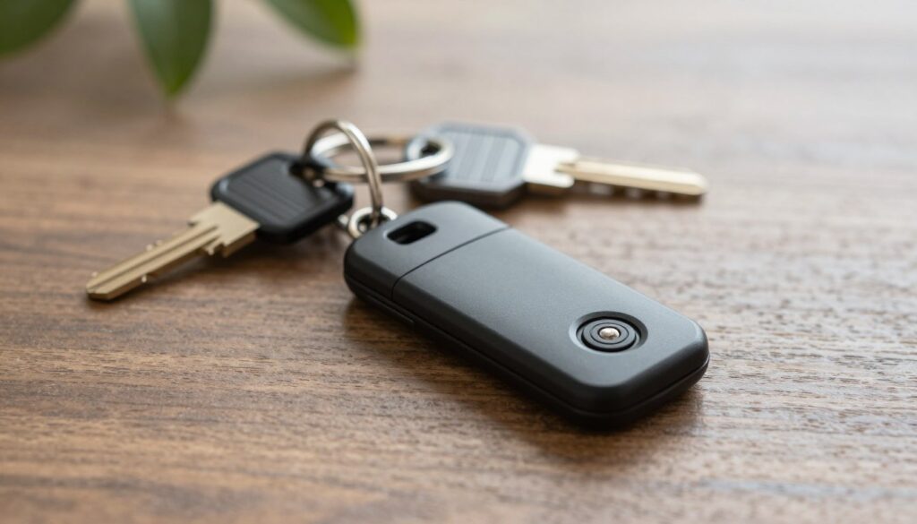 A stylish keychain designed for women's self-defense, resting on a textured wooden surface. In the foreground, the keychain features a sleek, discreet design with a matte black finish, showcasing functional elements like a small pepper spray and personal alarm. In the middle ground, blurred keys hang from the keychain, emphasizing its practicality. The background softly fades into an outdoor setting, with soft natural light filtering through leaves, creating a serene atmosphere. The overall mood conveys a blend of elegance and security, perfect for everyday use, evoking a sense of empowerment and confidence in personal safety. The image has a slightly elevated angle to capture all details while maintaining a professional and discreet aesthetic. A stylish keychain designed for women's self-defense, resting on a textured wooden surface. In the foreground, the keychain features a sleek, discreet design with a matte black finish, showcasing functional elements like a small pepper spray and personal alarm. In the middle ground, blurred keys hang from the keychain, emphasizing its practicality. The background softly fades into an outdoor setting, with soft natural light filtering through leaves, creating a serene atmosphere. The overall mood conveys a blend of elegance and security, perfect for everyday use, evoking a sense of empowerment and confidence in personal safety. The image has a slightly elevated angle to capture all details while maintaining a professional and discreet aesthetic.