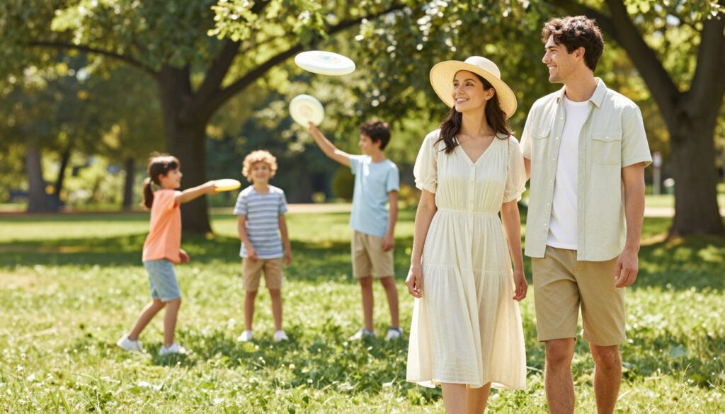 A sunny outdoor scene depicting a diverse group of people in appropriate attire for a hot day, emphasizing light and breathable clothing. In the foreground, a woman in a wide-brimmed hat and a flowing, light-colored dress stands next to a man in a short-sleeved, light shirt and shorts, both smiling and enjoying each other's company. In the middle ground, two children play with a frisbee, wearing colorful, casual outfits designed for comfort. The background features a lush park with green grass and trees providing some shade. Soft, warm sunlight filters through the branches, creating a cheerful and vibrant atmosphere. The image captures the importance of dressing wisely to stay cool during hot weather, showcasing a friendly, inviting environment. A sunny outdoor scene depicting a diverse group of people in appropriate attire for a hot day, emphasizing light and breathable clothing. In the foreground, a woman in a wide-brimmed hat and a flowing, light-colored dress stands next to a man in a short-sleeved, light shirt and shorts, both smiling and enjoying each other's company. In the middle ground, two children play with a frisbee, wearing colorful, casual outfits designed for comfort. The background features a lush park with green grass and trees providing some shade. Soft, warm sunlight filters through the branches, creating a cheerful and vibrant atmosphere. The image captures the importance of dressing wisely to stay cool during hot weather, showcasing a friendly, inviting environment.