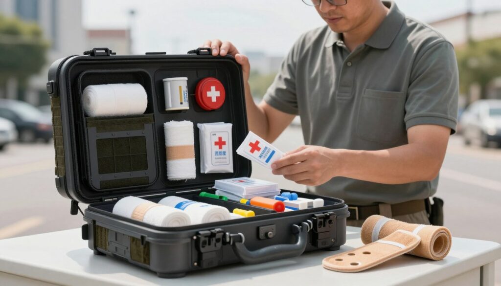 A tactical aid module displayed prominently in the foreground, showcasing various medical supplies such as bandages, splints, and emergency tools, neatly organized in a rugged, modular design. The middle ground features a professional medical responder in modest casual clothing, actively inspecting the contents of the module, highlighting its practical use in crisis situations. In the background, a blurred urban environment illustrates a setting where emergency response could be needed, with soft, natural lighting that suggests a clear day. The overall mood is focused and purposeful, conveying a sense of preparedness and resourcefulness. The composition should emphasize clarity and organization within the tactical aid module, inviting viewers to appreciate its functionality and importance. A tactical aid module displayed prominently in the foreground, showcasing various medical supplies such as bandages, splints, and emergency tools, neatly organized in a rugged, modular design. The middle ground features a professional medical responder in modest casual clothing, actively inspecting the contents of the module, highlighting its practical use in crisis situations. In the background, a blurred urban environment illustrates a setting where emergency response could be needed, with soft, natural lighting that suggests a clear day. The overall mood is focused and purposeful, conveying a sense of preparedness and resourcefulness. The composition should emphasize clarity and organization within the tactical aid module, inviting viewers to appreciate its functionality and importance.
