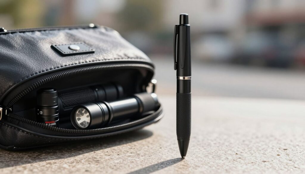 A tactical pen designed for self-defense, positioned prominently in the foreground, showcasing its sleek black body with a textured grip and built-in glass breaker tip. In the middle ground, soft lighting highlights a stylish purse partially open, revealing the pen alongside personal safety items like pepper spray and a small flashlight, all arranged neatly as part of an everyday carry setup. The background features a blurred urban environment, hinting at a safe yet vigilant atmosphere, with natural light illuminating the scene and casting gentle shadows. The overall mood conveys preparedness and empowerment, illustrating the practical use of a tactical pen as a discreet self-defense tool in daily life. A tactical pen designed for self-defense, positioned prominently in the foreground, showcasing its sleek black body with a textured grip and built-in glass breaker tip. In the middle ground, soft lighting highlights a stylish purse partially open, revealing the pen alongside personal safety items like pepper spray and a small flashlight, all arranged neatly as part of an everyday carry setup. The background features a blurred urban environment, hinting at a safe yet vigilant atmosphere, with natural light illuminating the scene and casting gentle shadows. The overall mood conveys preparedness and empowerment, illustrating the practical use of a tactical pen as a discreet self-defense tool in daily life.