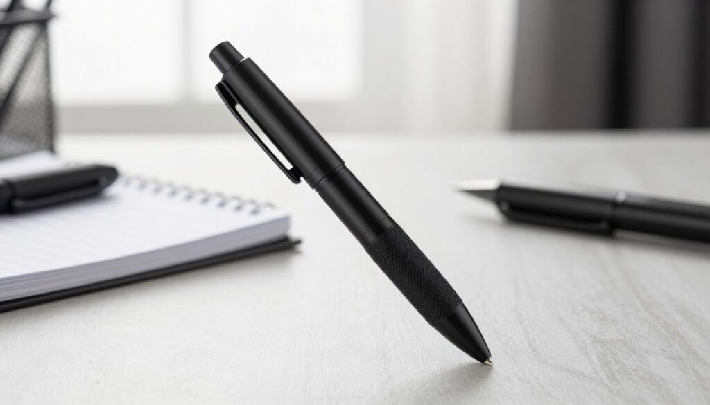 A tactical pen designed for self-defense, showcased prominently in the foreground, with a sleek black finish and rugged, textured grip. The pen is displayed at an angle that highlights its sharp tip and sturdy clip, ready for use. In the middle ground, a minimalist workspace is arranged, featuring a notepad and other self-defense tools subtly blurred, adding context without distraction. The background is lightly illuminated with soft, natural light filtering through a window, creating a calm atmosphere that contrasts with the pen's tactical nature. The scene evokes a sense of readiness and empowerment, perfect for illustrating its use as an alternative to a kubotan. The image should have a clean, professional aesthetic with a focus on the tactical pen's design and functionality.