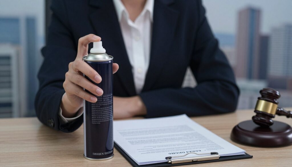 A thoughtful and professional representation of legal aspects regarding the use of defensive gas, showcasing a well-dressed female figure in a business setting. In the foreground, the woman confidently holds a canister of gas spray, symbolizing personal safety. The middle ground features a set of legal documents and a gavel, highlighting the legal implications of self-defense tools. The background includes a blurred cityscape, hinting at a larger societal context. Soft, ambient lighting creates a serious yet empowering mood, while a slightly elevated angle captures the essence of responsibility and caution associated with self-defense. The overall atmosphere should convey awareness and professionalism. A thoughtful and professional representation of legal aspects regarding the use of defensive gas, showcasing a well-dressed female figure in a business setting. In the foreground, the woman confidently holds a canister of gas spray, symbolizing personal safety. The middle ground features a set of legal documents and a gavel, highlighting the legal implications of self-defense tools. The background includes a blurred cityscape, hinting at a larger societal context. Soft, ambient lighting creates a serious yet empowering mood, while a slightly elevated angle captures the essence of responsibility and caution associated with self-defense. The overall atmosphere should convey awareness and professionalism.