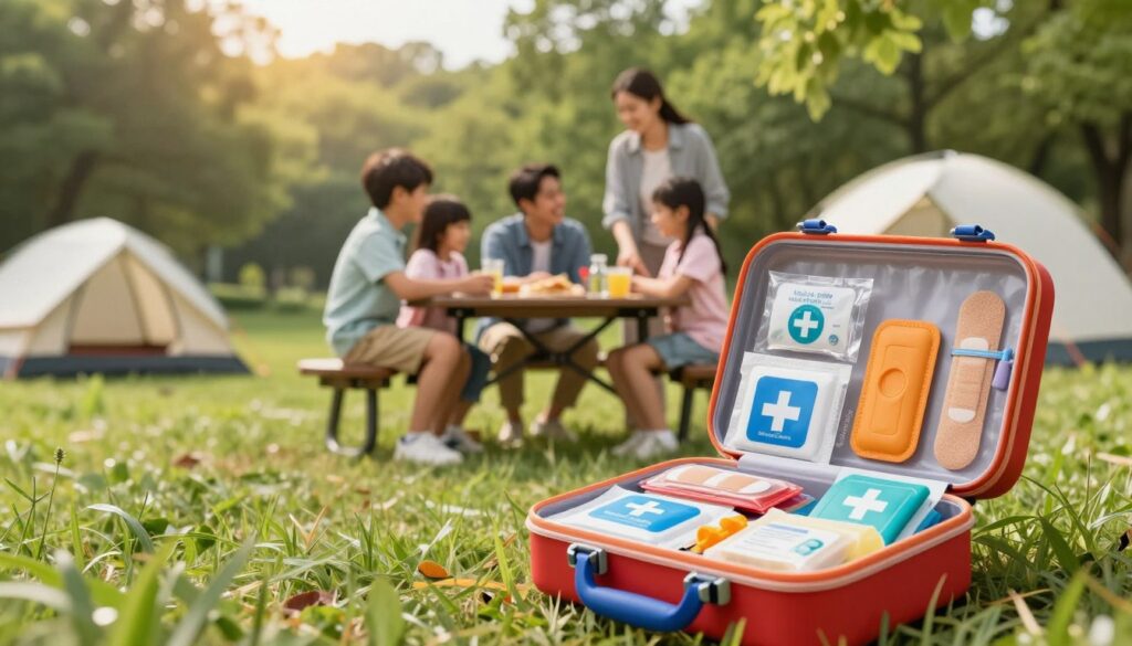 A vibrant and engaging image of a children's travel first aid kit set against a scenic backdrop of a family camping in the great outdoors. In the foreground, a colorful, well-organized first aid kit is open, clearly displaying various child-friendly medical supplies such as band-aids, antiseptic wipes, and colorful safety items. In the middle ground, a family of four—including two children—wearing modest casual clothing, are gathered around a picnic table, smiling and interacting. The background features a lush green forest with gentle sunlight filtering through the trees, creating a cheerful and inviting atmosphere. The scene captures a sense of safety, adventure, and family bonding, with soft natural lighting that enhances the warm, friendly mood. Use a wide-angle lens to encompass the scene invitingly. A vibrant and engaging image of a children's travel first aid kit set against a scenic backdrop of a family camping in the great outdoors. In the foreground, a colorful, well-organized first aid kit is open, clearly displaying various child-friendly medical supplies such as band-aids, antiseptic wipes, and colorful safety items. In the middle ground, a family of four—including two children—wearing modest casual clothing, are gathered around a picnic table, smiling and interacting. The background features a lush green forest with gentle sunlight filtering through the trees, creating a cheerful and inviting atmosphere. The scene captures a sense of safety, adventure, and family bonding, with soft natural lighting that enhances the warm, friendly mood. Use a wide-angle lens to encompass the scene invitingly.