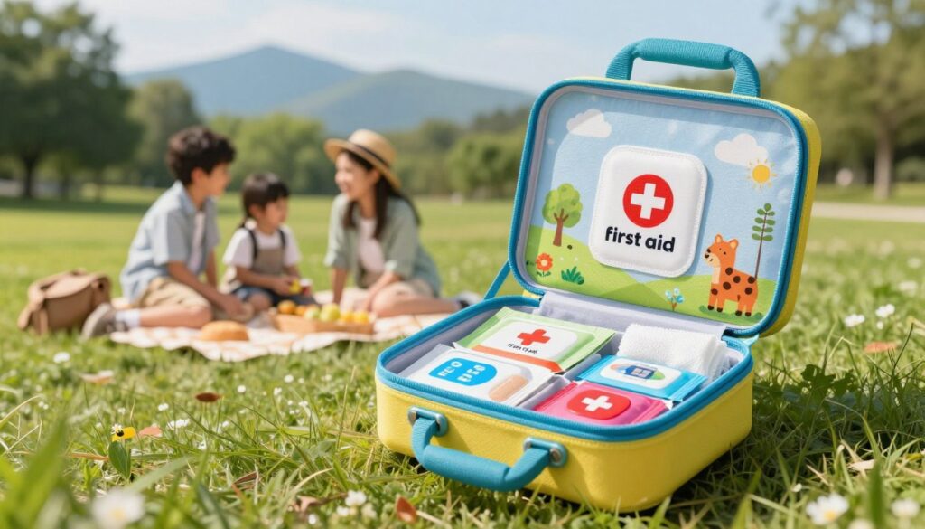 A vibrant children's travel first-aid kit, designed specifically for young adventurers, prominently displayed in the foreground. The kit is brightly colored, featuring playful animal prints and child-friendly illustrations, and is slightly open to showcase its contents: band-aids in fun shapes, antiseptic wipes, colorful gauze, and a small thermometer. In the middle ground, a family of travelers, dressed in casual, modest clothing, is depicted enjoying a picnic in a sunny park with a scenic backdrop of lush greenery and distant mountains. The scene is bright and cheerful, illuminated by soft, warm sunlight, creating a welcoming atmosphere. The image is captured from a slightly elevated angle, emphasizing the kit's playful design while ensuring the focus remains on the essentials for young explorers. A vibrant children's travel first-aid kit, designed specifically for young adventurers, prominently displayed in the foreground. The kit is brightly colored, featuring playful animal prints and child-friendly illustrations, and is slightly open to showcase its contents: band-aids in fun shapes, antiseptic wipes, colorful gauze, and a small thermometer. In the middle ground, a family of travelers, dressed in casual, modest clothing, is depicted enjoying a picnic in a sunny park with a scenic backdrop of lush greenery and distant mountains. The scene is bright and cheerful, illuminated by soft, warm sunlight, creating a welcoming atmosphere. The image is captured from a slightly elevated angle, emphasizing the kit's playful design while ensuring the focus remains on the essentials for young explorers.