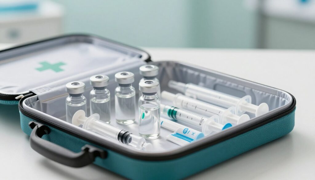 A visually striking image of a portable first aid kit containing neatly arranged glass vials, syringes, and medical accessories, emphasizing safety and organization. In the foreground, focus on a well-lit first aid kit opened to reveal its contents, with the glass vials either in various shapes and sizes, glistening under soft, natural light. The middle ground showcases a clean, neutral surface that enhances the clarity of the items, while the background is softly blurred, hinting at a serene medical environment with subtle shades of light blue and green. The overall mood is calm and reassuring, highlighting the importance of safety in handling medical supplies. Use a wide-angle lens to capture the entire kit, ensuring a sense of depth and focus on the vials within.