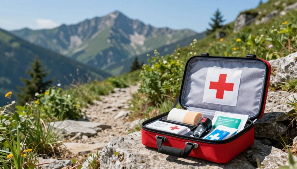 A vivid arrangement of a first aid kit tailored for mountain hiking, prominently displayed in the foreground. The kit is open, revealing essential items like bandages, antiseptic wipes, and a small flashlight, neatly organized for easy access. In the middle ground, a rocky mountain trail can be seen, with lush green vegetation framing the path. The background features majestic mountain peaks under a clear blue sky, suggesting a serene but adventurous atmosphere. The lighting is bright and natural, capturing the feeling of a sunny day spent outdoors. The image should evoke a sense of preparedness and safety, ideal for adventurers and hikers preparing for their journey.