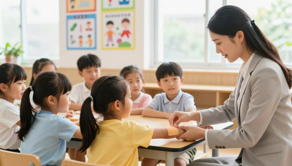 A well-lit classroom scene showcasing a teacher demonstrating first aid techniques to young children aged 6-8 years. In the foreground, the teacher, dressed in professional attire, is attentively showing children how to use a bandage on an arm, emphasizing care and safety. The middle ground features several engaged students sitting around a small table, listening and participating with curiosity. In the background, colorful educational posters about safety and first aid are displayed on the walls, enhancing the learning atmosphere. The lighting is bright and inviting, with natural sunlight coming through large windows, creating a warm, encouraging mood for early education. The angle captures the interaction, focusing on the teacher’s expression and the children's eagerness to learn.