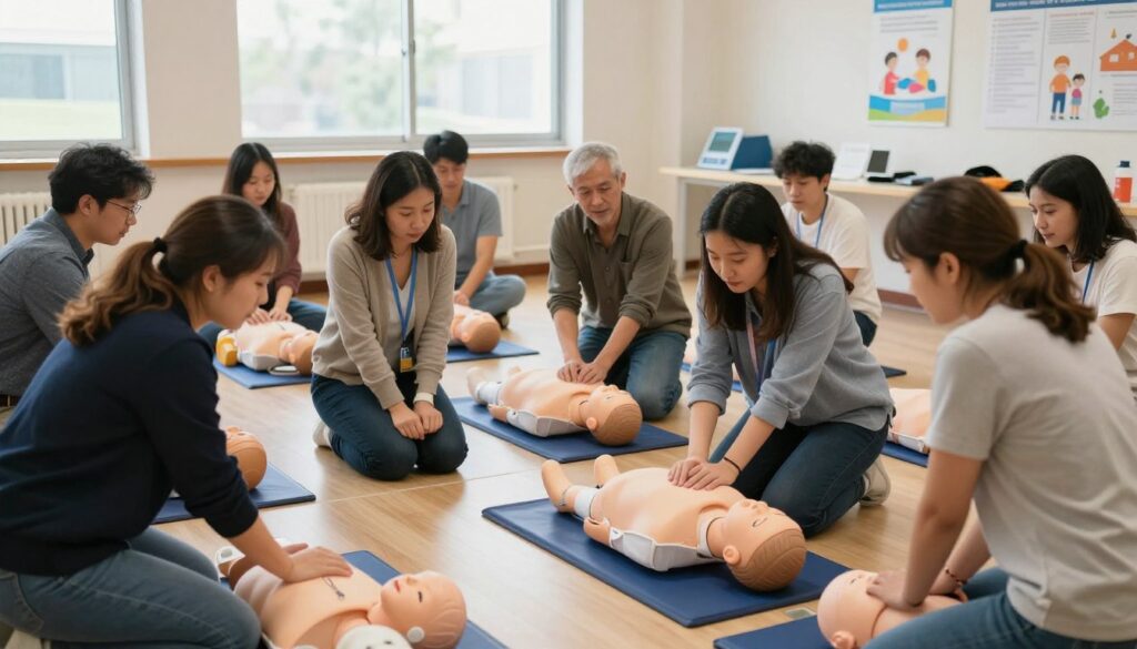 A well-lit, spacious training room featuring a group of adult learners attentively practicing pediatric resuscitation techniques on life-like manikins. In the foreground, a diverse group of parents and caregivers, dressed in professional or modest casual attire, are engaged in hands-on instruction, looking focused and collaborative. In the middle, a pediatric CPR training manikin is positioned on a padded surface, with detailed attention to its realistic features. In the background, a large window lets in natural light, creating a warm and inviting atmosphere. The setting is organized, with instructional materials and posters about child safety displayed on the walls. The overall mood is one of seriousness combined with a supportive learning environment, emphasizing the importance of saving lives through effective training.