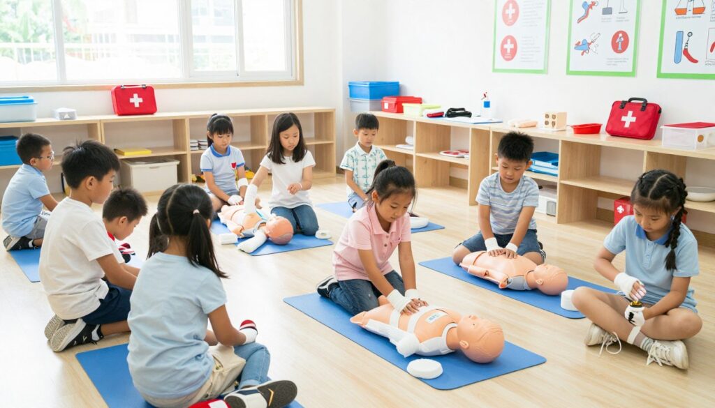 A well-lit training workshop setting that emphasizes safety and education for children, featuring a bright and inviting atmosphere. In the foreground, a diverse group of children, aged 6-10, is engaged in hands-on first aid activities, practicing bandaging and using a child-sized mannequin. They are dressed in casual but neat clothing, exuding enthusiasm and curiosity. The middle ground showcases a variety of first aid equipment, such as bandages, a first aid kit, and instructional posters on the walls describing safety procedures. In the background, you can see a large window allowing natural light to flood the room, enhancing the welcoming feel. The overall mood is focused yet playful, conveying a sense of empowerment and learning in a safe environment. Use a wide angle for the shot to capture the entire scene.