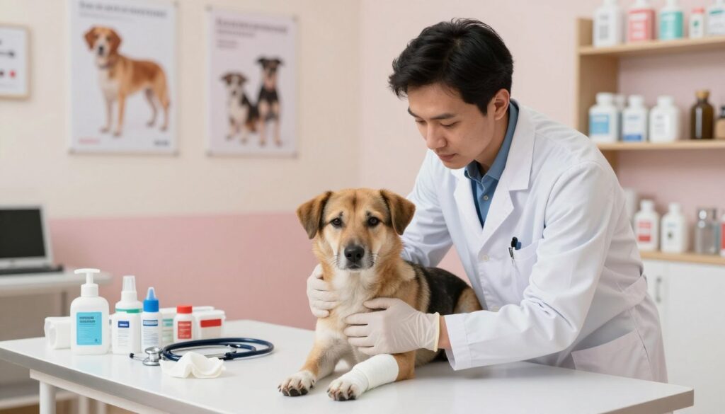 A well-lit veterinarian's office focused on providing first aid to a dog in distress. In the foreground, a veterinarian in a crisp white lab coat attends to a medium-sized dog, administering care with urgency and compassion. The dog's bandaged paw and attentive eyes express its vulnerability, while the veterinarian wears gloves and displays a calm demeanor, reflecting professionalism. In the middle ground, a medical table is cluttered with first aid supplies like antiseptic, gauze, and a stethoscope. The background includes a calming environment with safe, soft pastel colors, a wall with animal health posters, and shelves stocked with pet care products. The overall atmosphere conveys the importance of immediate care in life-threatening situations, emphasizing the theme of urgency and hope. The image captures a moment of critical action, showcasing the commitment to pet safety. A well-lit veterinarian's office focused on providing first aid to a dog in distress. In the foreground, a veterinarian in a crisp white lab coat attends to a medium-sized dog, administering care with urgency and compassion. The dog's bandaged paw and attentive eyes express its vulnerability, while the veterinarian wears gloves and displays a calm demeanor, reflecting professionalism. In the middle ground, a medical table is cluttered with first aid supplies like antiseptic, gauze, and a stethoscope. The background includes a calming environment with safe, soft pastel colors, a wall with animal health posters, and shelves stocked with pet care products. The overall atmosphere conveys the importance of immediate care in life-threatening situations, emphasizing the theme of urgency and hope. The image captures a moment of critical action, showcasing the commitment to pet safety.