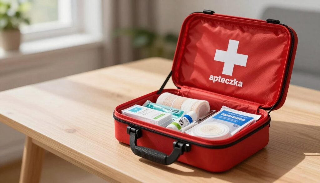 A well-organized first aid kit ("apteczka") with a vibrant red exterior, prominently displayed in the foreground. The kit is partially open, revealing neatly arranged medical supplies such as bandages, antiseptics, and a pair of scissors. In the middle ground, a light wooden table enhances the setting, with soft natural light filtering in from a nearby window, casting gentle shadows. The background features a blurred, home-like environment but remains unobtrusive, with green plants adding a touch of calmness. The mood is practical and serene, emphasizing preparedness and safety. Use a sharp focus on the first aid kit while maintaining a shallow depth of field to subtly highlight its contents and the surrounding atmosphere.