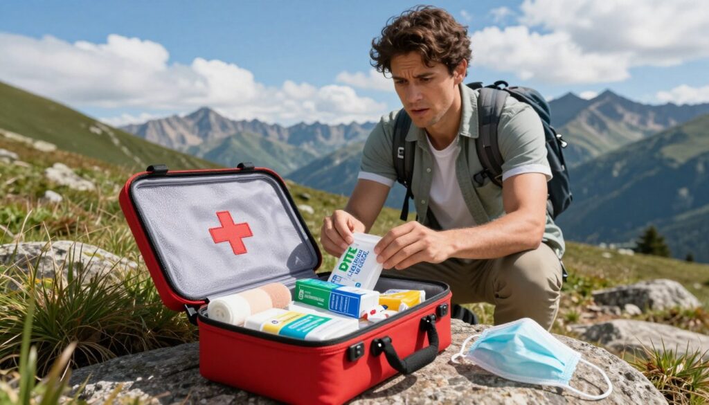 A well-organized first aid kit open on a mountain trail, surrounded by natural scenery. In the foreground, the first aid kit is prominently displayed with various medical supplies like bandages, antiseptic wipes, and a CPR mask. In the middle ground, a hiker in modest casual clothing is examining the contents of the kit, displaying a concerned yet focused expression, indicating attentiveness and readiness. The background features a stunning view of mountain peaks under a bright blue sky with a few fluffy clouds, creating an uplifting atmosphere. Soft, natural lighting highlights the colorful supplies and the hiker's features. The angle captures the kit and the hiker at eye level, emphasizing the importance of preparedness in outdoor adventures.