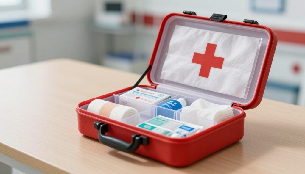 A well-organized first aid kit prominently displayed in the foreground, featuring bright red and white colors with clear compartments showcasing essential medical supplies like bandages, antiseptics, and compression gauzes. The kit is open, revealing neatly arranged items, with a focus on the textures and details of each supply. In the middle ground, a clean and well-lit surface provides a professional setting, perhaps a wooden table or a countertop. In the background, a subtle blur of a hospital or emergency medical environment suggests readiness for action. Soft, natural lighting enhances the clarity of the kit, casting mild shadows that add depth. The mood is composed and focused, emphasizing preparedness and safety.