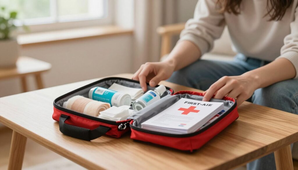 A well-organized first-aid kit prominently displayed on a wooden table in a cozy, well-lit room. The foreground features an open red medical bag, showcasing neatly arranged medical supplies such as bandages, antiseptics, gauze, and a first-aid manual, all clearly visible. In the middle ground, a pair of hands in modest casual clothing gently rest beside the bag, emphasizing care and attention. The background includes soft, natural light filtering through a nearby window, casting a warm glow over the scene, creating a peaceful atmosphere. The overall image conveys a sense of preparedness and care for the well-being of loved ones, highlighting the importance of maintaining the contents of a first-aid kit.