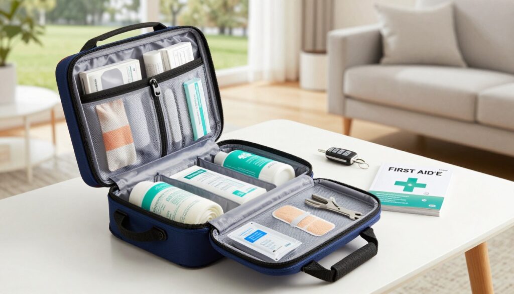 A well-organized medical bag in the foreground, showcasing various compartments filled with essential medical supplies like bandages, antiseptics, and tools. The bag is open, emphasizing its practicality and user-friendly design. In the middle, a clean and modern living room setting highlights the bag's suitability for home use, with a car key and a first aid guide subtly placed nearby. The background features a glimpse of a serene park, suggesting outdoor mobility. Soft, natural lighting filters through the room, creating an inviting atmosphere. Capture the bag from a slightly elevated angle to convey accessibility and convenience, focusing on its portability and ease of transport.