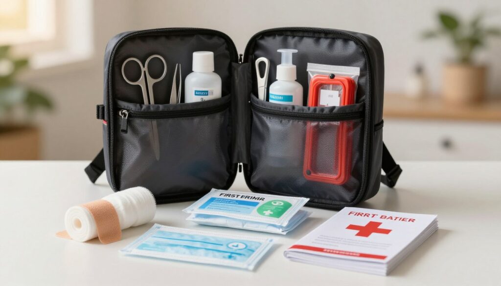 A well-organized medical supply kit is displayed prominently on a clean, bright surface, showcasing its essential components. In the foreground, focus on neatly arranged items, including bandages, antiseptic wipes, and a compact first aid manual. In the middle ground, an open, spacious backpack reveals compartments filled with medical tools like scissors, tweezers, and emergency tourniquets. The background features a soft, blurred setting of a safe environment, perhaps a home or outdoor space, enhancing the idea of preparedness. The lighting is warm and inviting, highlighting the importance and functionality of the kit. The overall atmosphere conveys a sense of readiness and confidence in emergency situations, emphasizing the value of having a properly configured medical set.