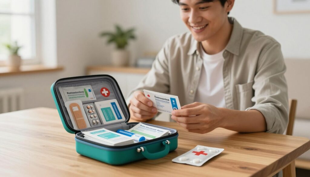 A well-organized mini first-aid kit placed on a clean, modern wooden table in a softly lit home environment. In the foreground, the open kit reveals neatly arranged medical supplies, such as band-aids, antiseptic wipes, and pain relief tablets, showcasing their daily utility. In the middle ground, a friendly, professional-looking individual in modest casual clothing is attentively examining the contents, highlighting practical usage in everyday situations. The background features a warm and inviting room, with soft natural light coming through a window, adding a sense of comfort and safety. The mood is reassuring and educational, emphasizing the importance of having medical products readily available for minor emergencies. Capture the scene with a slight depth of field, focusing on the kit and the individual’s expression.