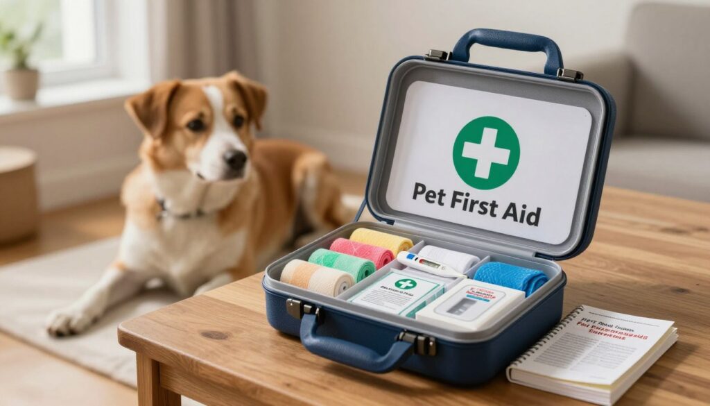 A well-organized pet first aid kit prominently displayed on a wooden table in a comforting setting. In the foreground, the kit is open, revealing colorful bandages, antiseptic wipes, a pet-friendly thermometer, and a small emergency guidebook. In the middle ground, a dog is lying patiently next to the kit, conveying a sense of calmness and trust. The background features soft, natural lighting coming from a nearby window, enhancing the warm atmosphere of the room. The overall mood should evoke preparation and care, emphasizing safety and readiness for dog owners dealing with emergencies. The angle is slightly overhead, showcasing the kit’s contents clearly while keeping the dog in view to illustrate companionship. A well-organized pet first aid kit prominently displayed on a wooden table in a comforting setting. In the foreground, the kit is open, revealing colorful bandages, antiseptic wipes, a pet-friendly thermometer, and a small emergency guidebook. In the middle ground, a dog is lying patiently next to the kit, conveying a sense of calmness and trust. The background features soft, natural lighting coming from a nearby window, enhancing the warm atmosphere of the room. The overall mood should evoke preparation and care, emphasizing safety and readiness for dog owners dealing with emergencies. The angle is slightly overhead, showcasing the kit’s contents clearly while keeping the dog in view to illustrate companionship.